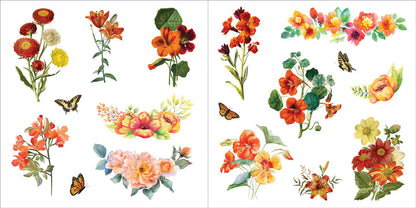 inside pages of the sticker book with orange flower stickers