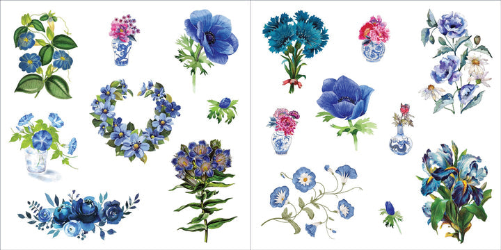 inside pages of the sticker book with blue flower stickers