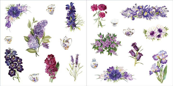 inside pages of the sticker book with purple flower stickers