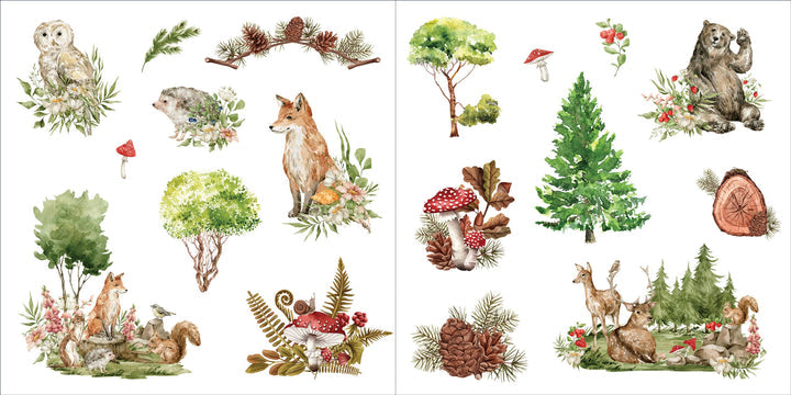 inside pages of the sticker book with woodland animal and greenery  stickers