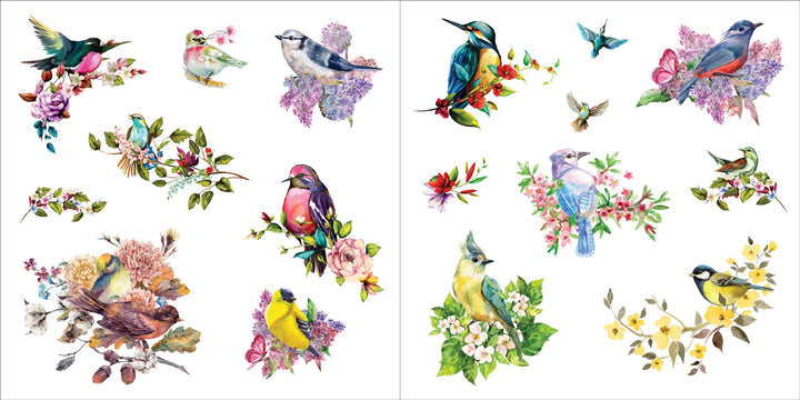 inside pages of the sticker book with bird and floral stickers.