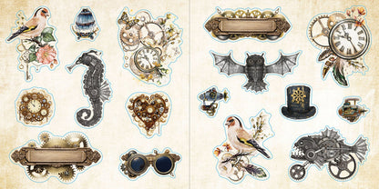 pages of sticker book with steam punk style stickers.