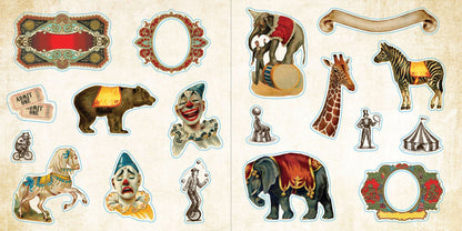 pages of sticker book with circus stickers.