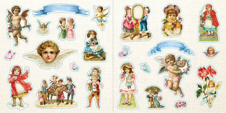 pages of sticker book with children and cherub stickers.