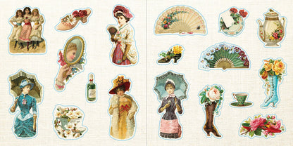 pages of sticker book with ladies with parasols stickers.