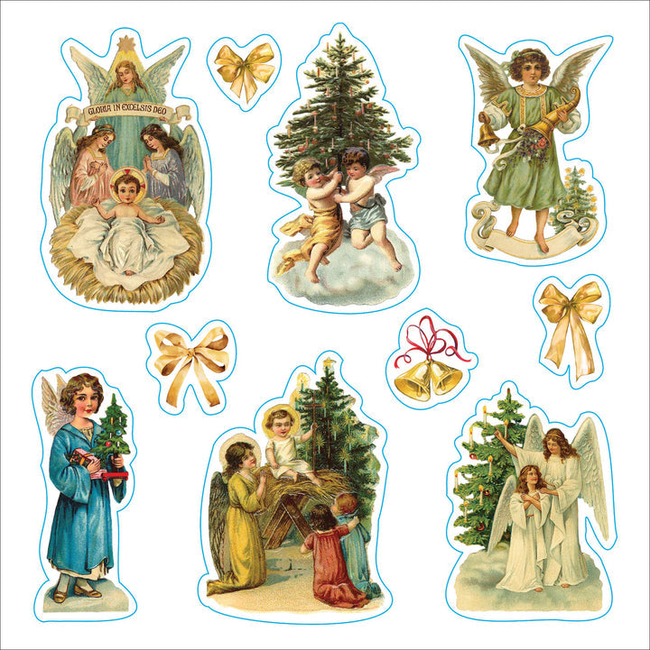 page from book with angel and nativity stickers.