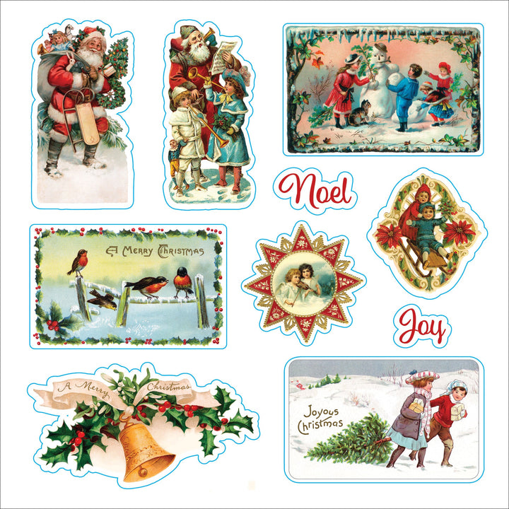 page from book with vintage christmas stickers.