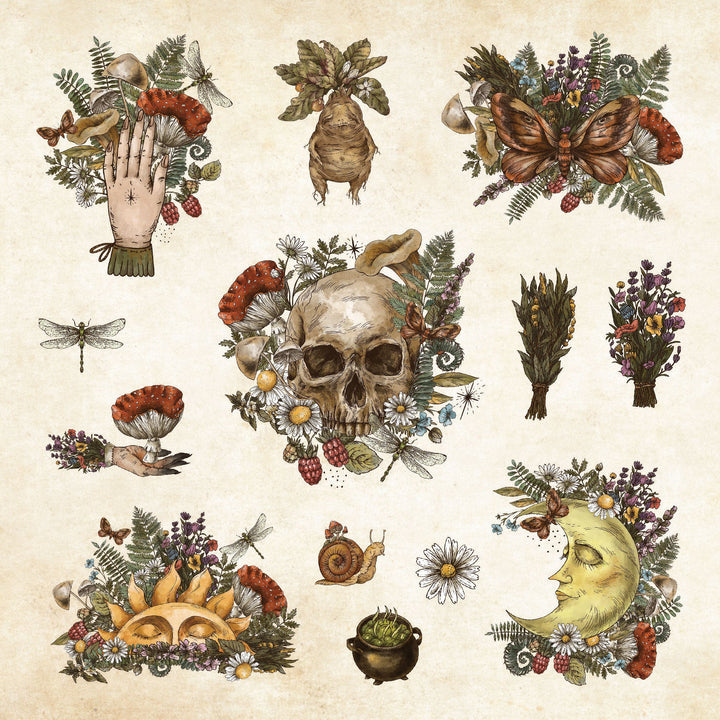 sticker page with skull, sun, moon, and greenery stickers.