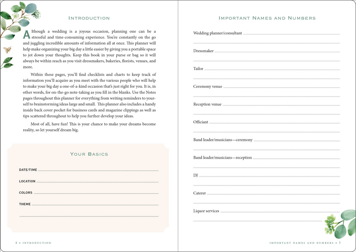 inside pages of Eucalyptus Wedding Planner Checklist with indroduction.