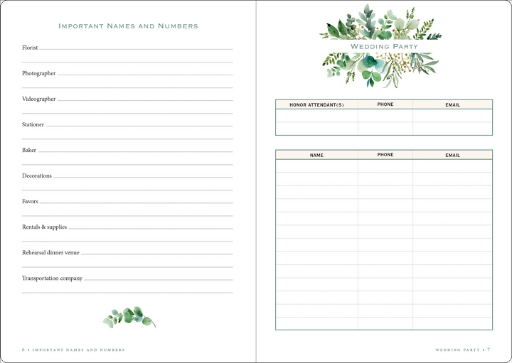 inside pages of Eucalyptus Wedding Planner Checklist with lists for wedding party.