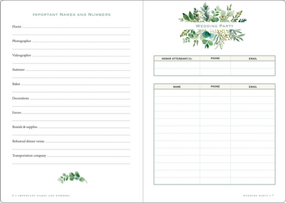 inside pages of Eucalyptus Wedding Planner Checklist with lists for wedding party.