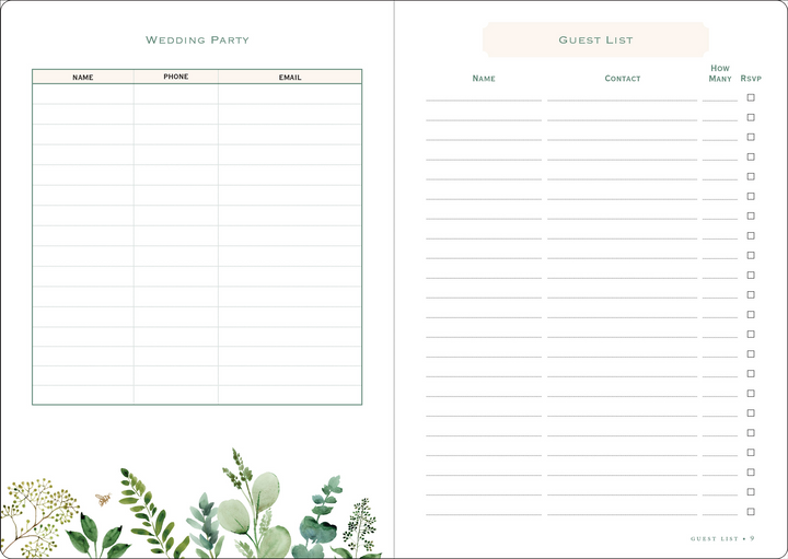 inside pages of Eucalyptus Wedding Planner Checklist with guestlist.