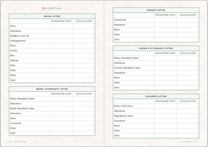 inside pages of Eucalyptus Wedding Planner Checklist with budget list.