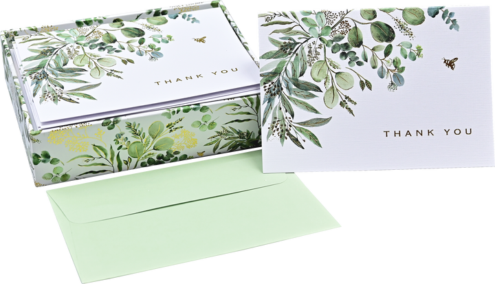 boxed set of Eucalyptus Thank You cards with a card and envelope set next to it.