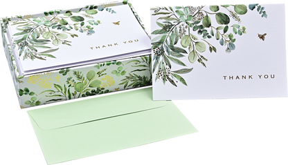 boxed set of Eucalyptus Thank You cards with a card and envelope set next to it.