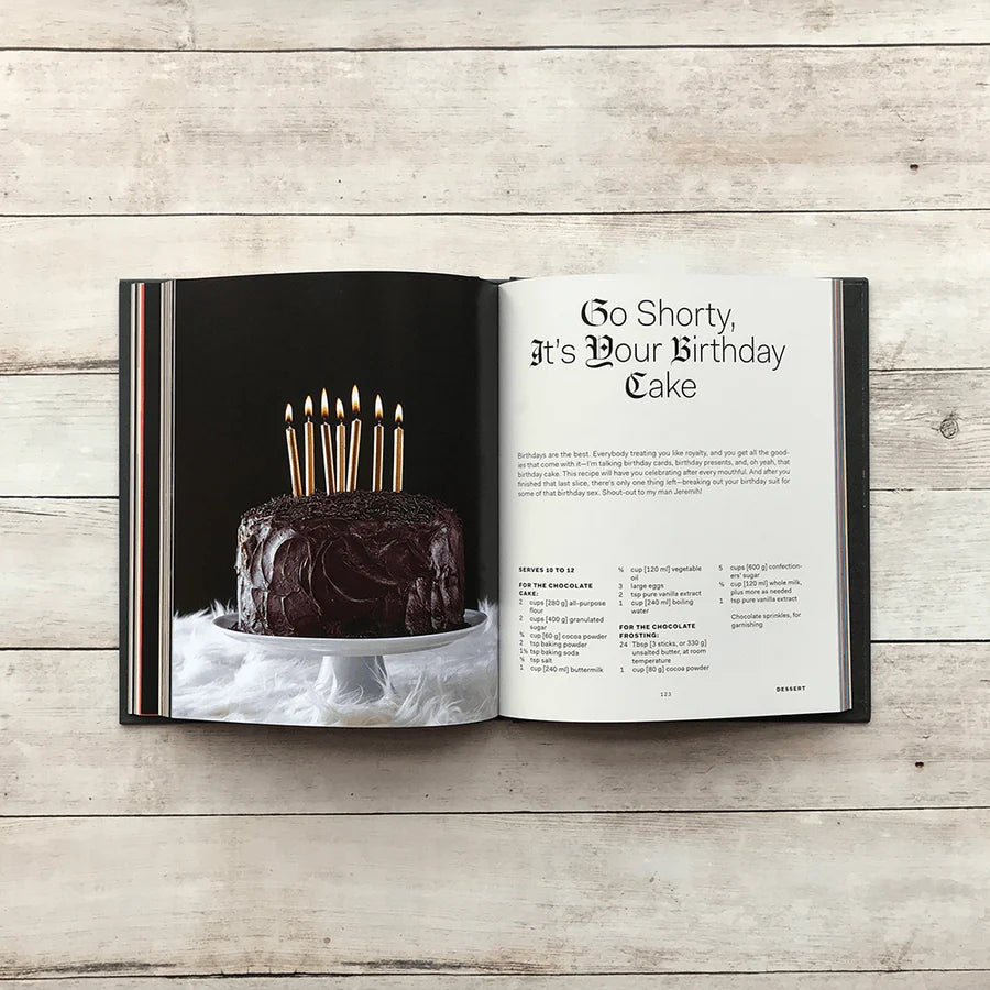 inside pages of snoop dogg's cookbook with recipe for go shorty, it's your birthday cake.