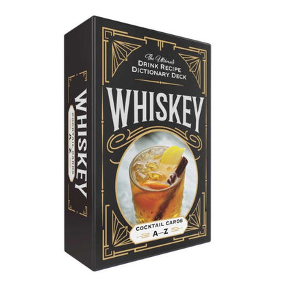 black box for Whiskey cocktail cards with white text and image of a beverage