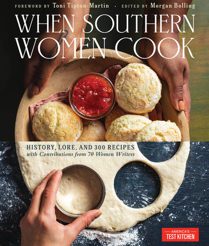 When Southern Women Cook cookbook cover showing biscuit and dough with white text
