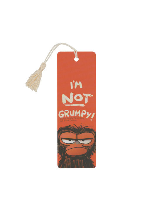 orange bookmark with grumpy monkey on it with tan title text