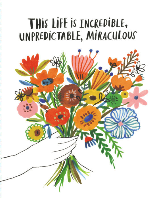 front of card covered with skeched flowers and text