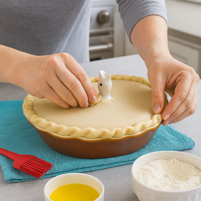 person preparing a pie with the Pie Bird Vent in it
