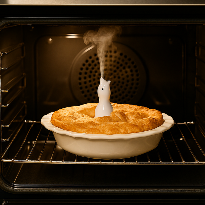 Pie Bird Vent with steam coming out of it in a pie in the oven