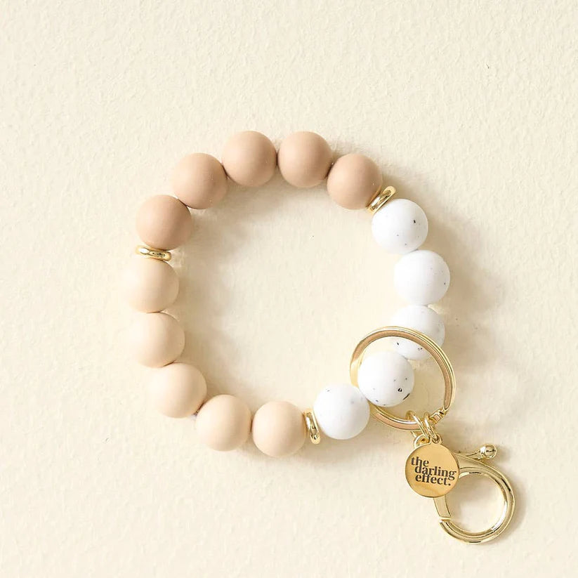 oatmilk latte Hands-Free Keychain Wristlet with silicone beads in pale brown and white with gold key ring