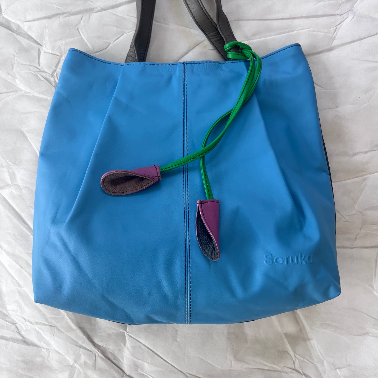 capri blue celine tote with purple tassels hanging on green leather strings