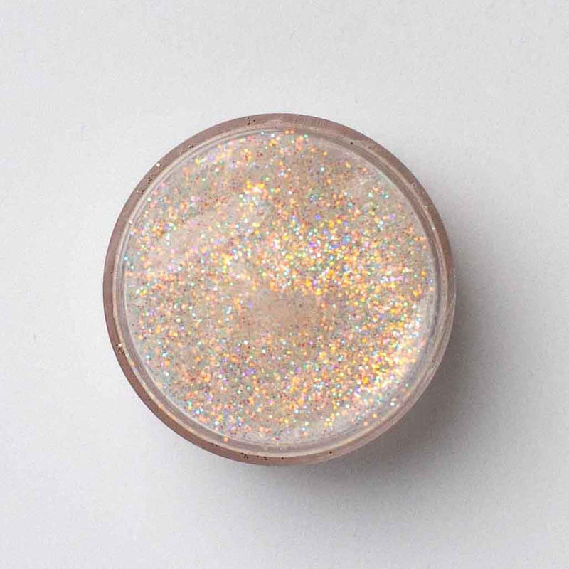 top view of open jar of galexie glister Confection cosmetic glitter gel.