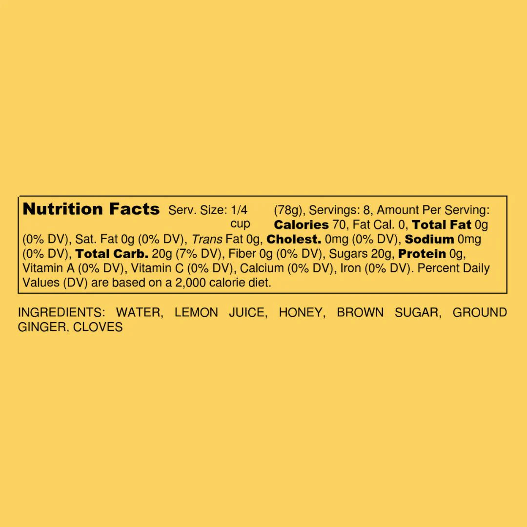 Nutrition facts label with ingredients on a yellow background. call 501-327-2182 for more information