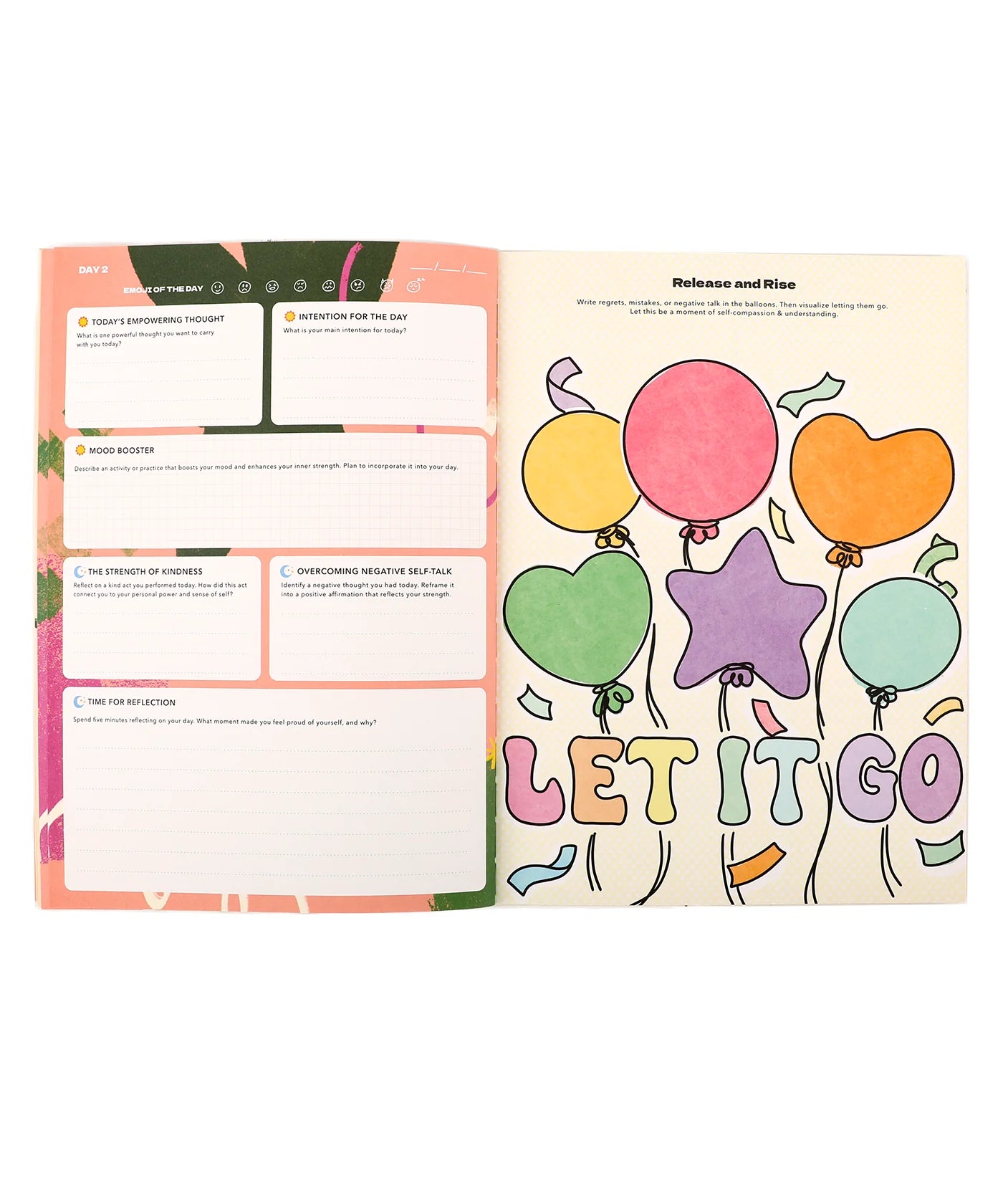 Open workbook with colorful balloon design and 'Let It Go' text on a white background