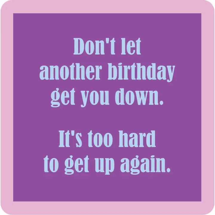 light pink bordered purple coaster with light blue lettering