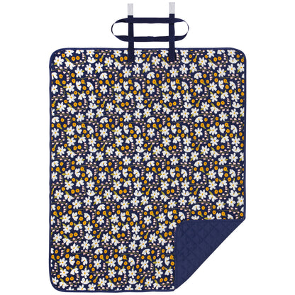 picnic blanket with back side navy and other side navy with, white, yellow, pink flowers