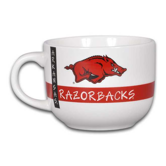 front view of white mug printed with "arkansas" on a black banner, "razorbacks" on a red banner, and a razorback image.