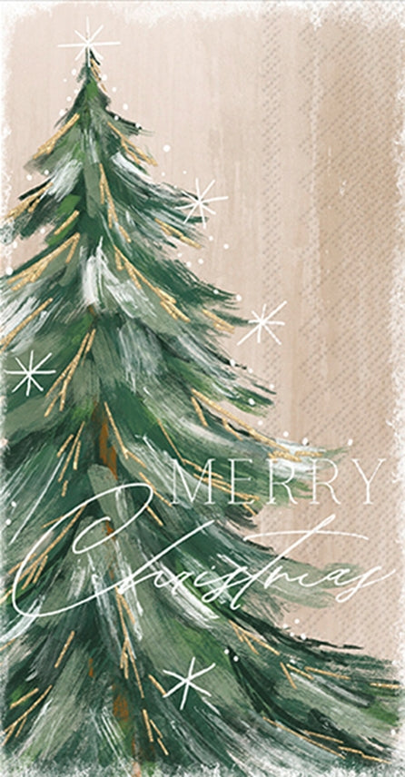rectangle paper napkin printed with image of evergreen tree and "merry christmas"