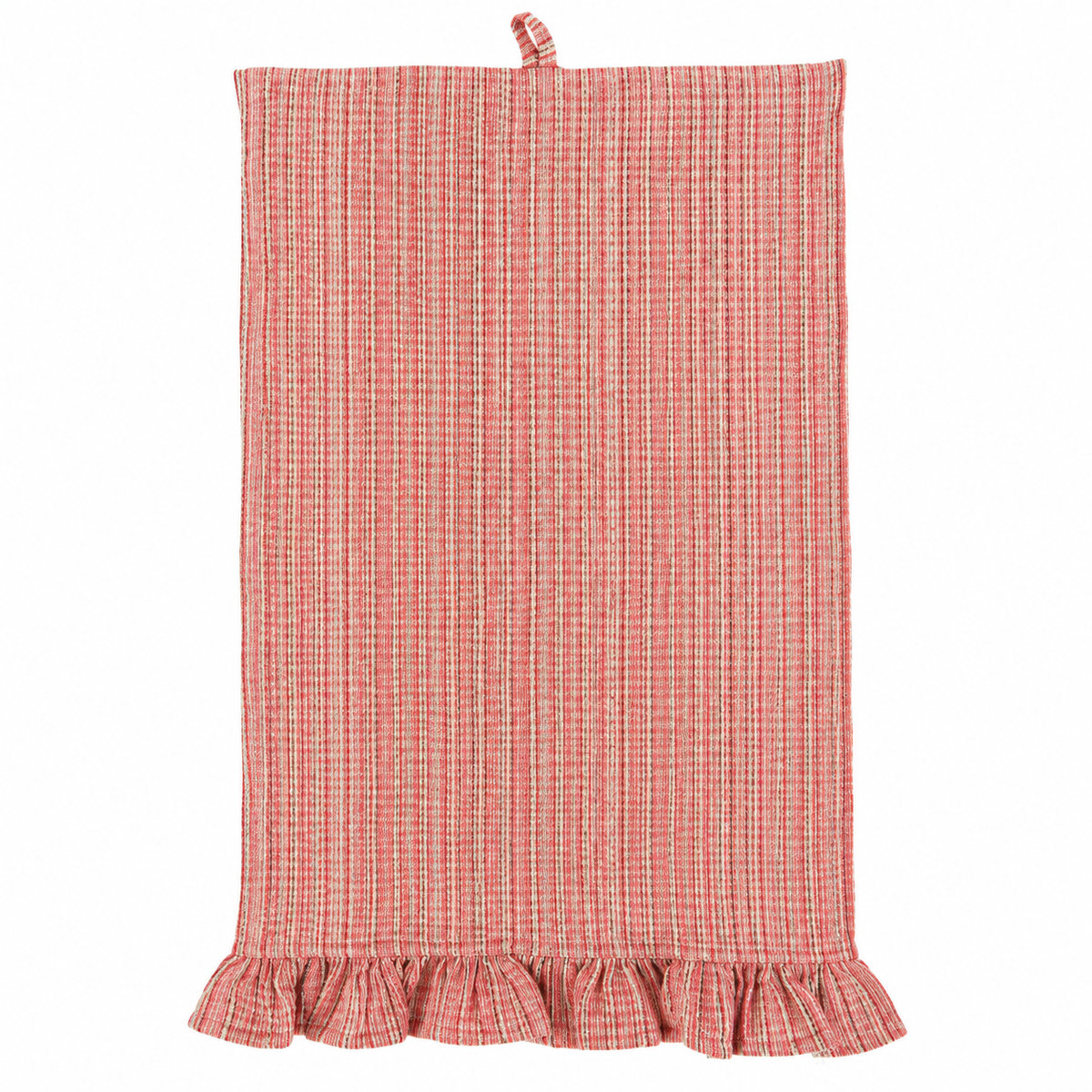 A rectangular kitchen towel with a pink and white striped pattern, featuring a small hanging loop at the top and a ruffled hem at the bottom, shown against a plain white background.