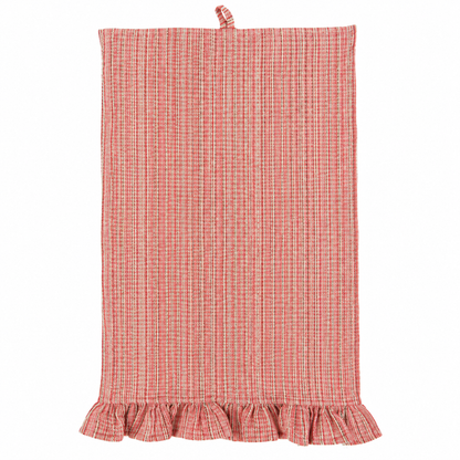 A rectangular kitchen towel with a pink and white striped pattern, featuring a small hanging loop at the top and a ruffled hem at the bottom, shown against a plain white background.