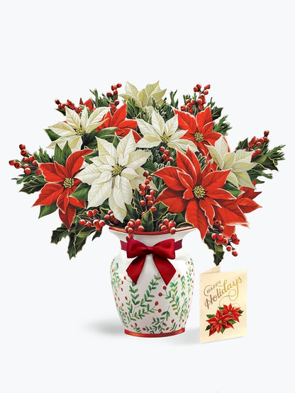 festive poinsettias pop up card and note card on a white background