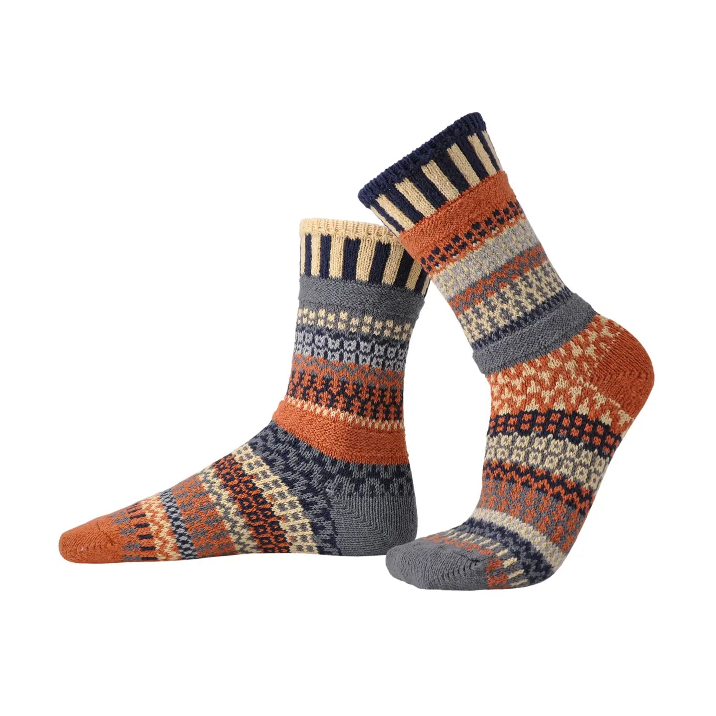 mismatched pair of Nutmeg Crew Socks with similar but mismatched designs shown on a white background