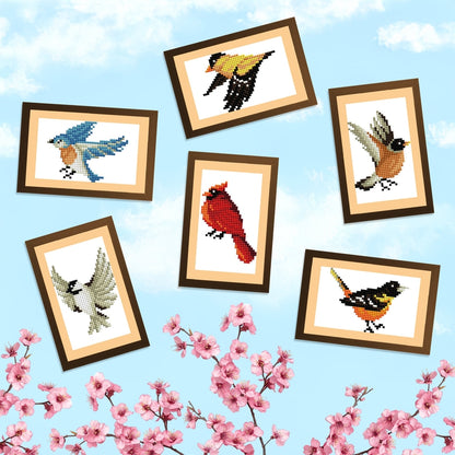 6 completed mini dazzles artworks of assorted birds shown matted in brown mattes on a blue background