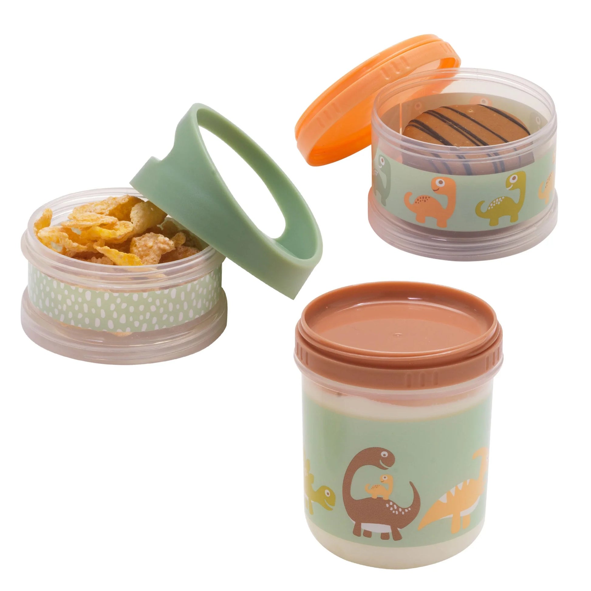 Baby Dinosaur twist and snack containers filled with snacks arranged on a white background.