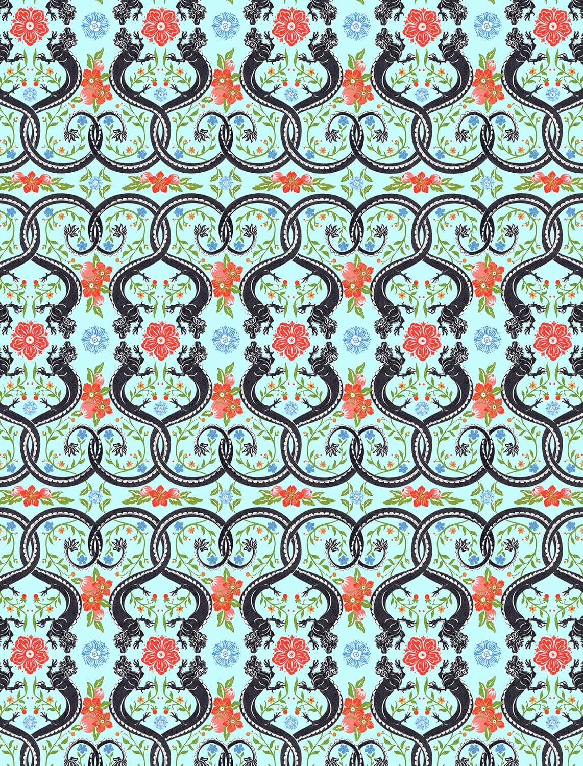 wrapping paper with Decorative pattern with black floral elements on a light blue background