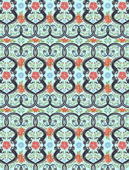 wrapping paper with Decorative pattern with black floral elements on a light blue background