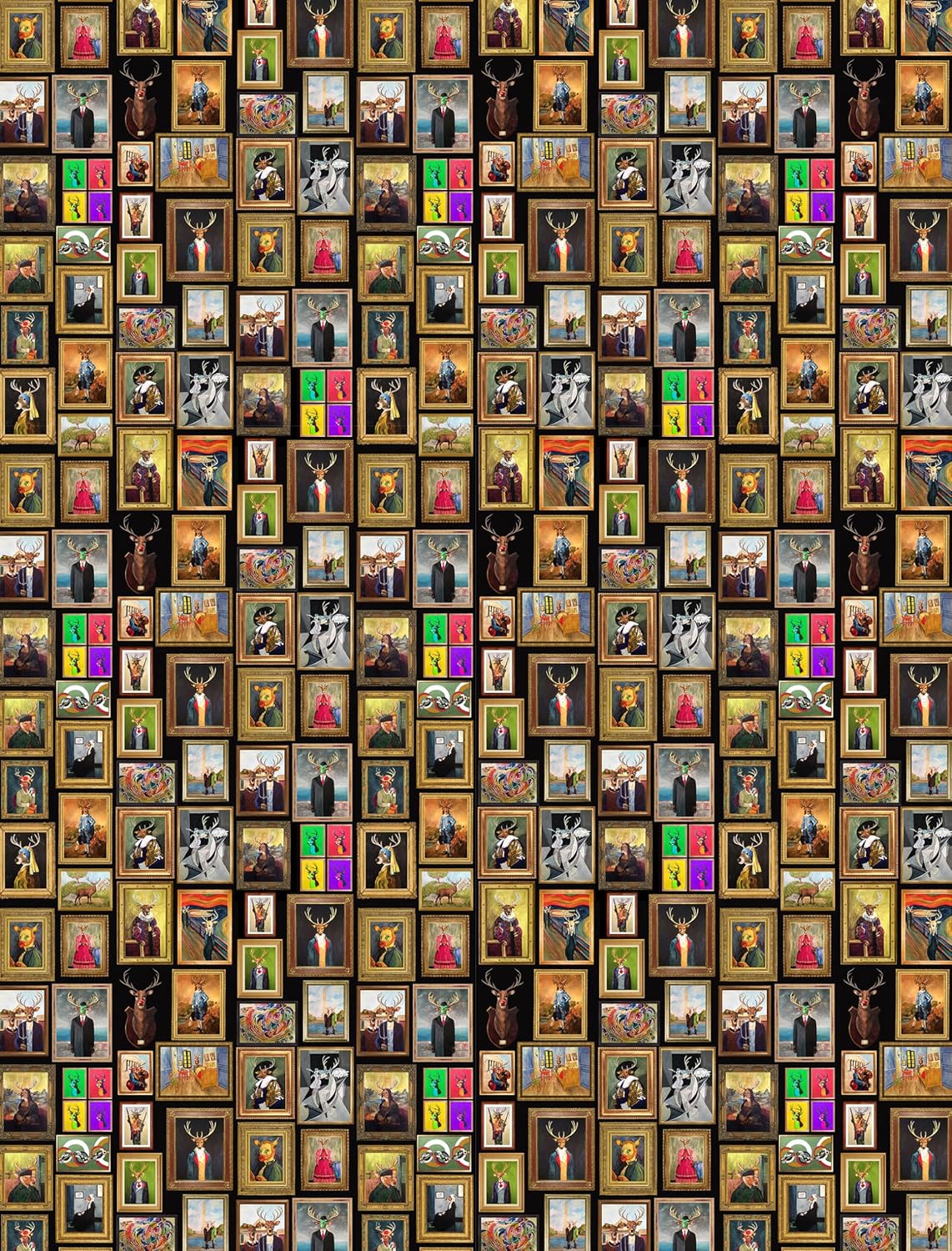 wrapping paper with Pattern of framed pictures with various subjects on a brown background