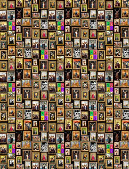 wrapping paper with Pattern of framed pictures with various subjects on a brown background