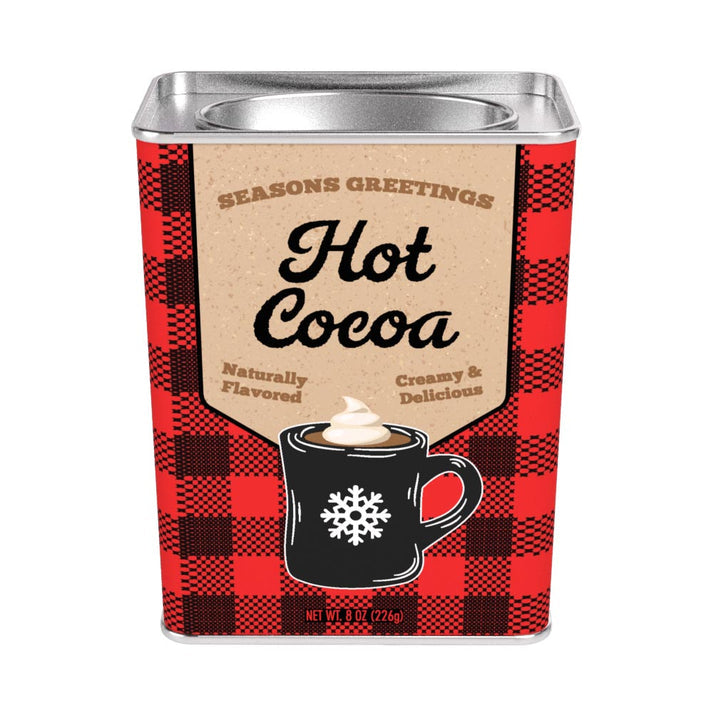 tin of cocoa mix with red and black plaid design on the lable