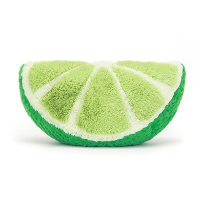 back view of plush lime slice with smile face and legs on white background.