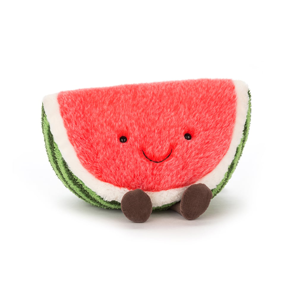 Amuseable Watermelon Plush Toy with a smiling face on a white background.