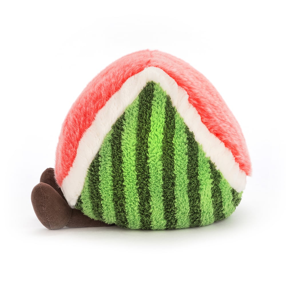 side view of Amuseable Watermelon Plush Toy with a smiling face on a white background.