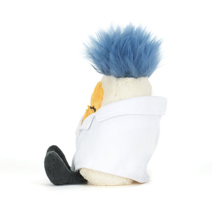side view of Amuseables Boiled Egg Scientist Outfit Plush Toy
